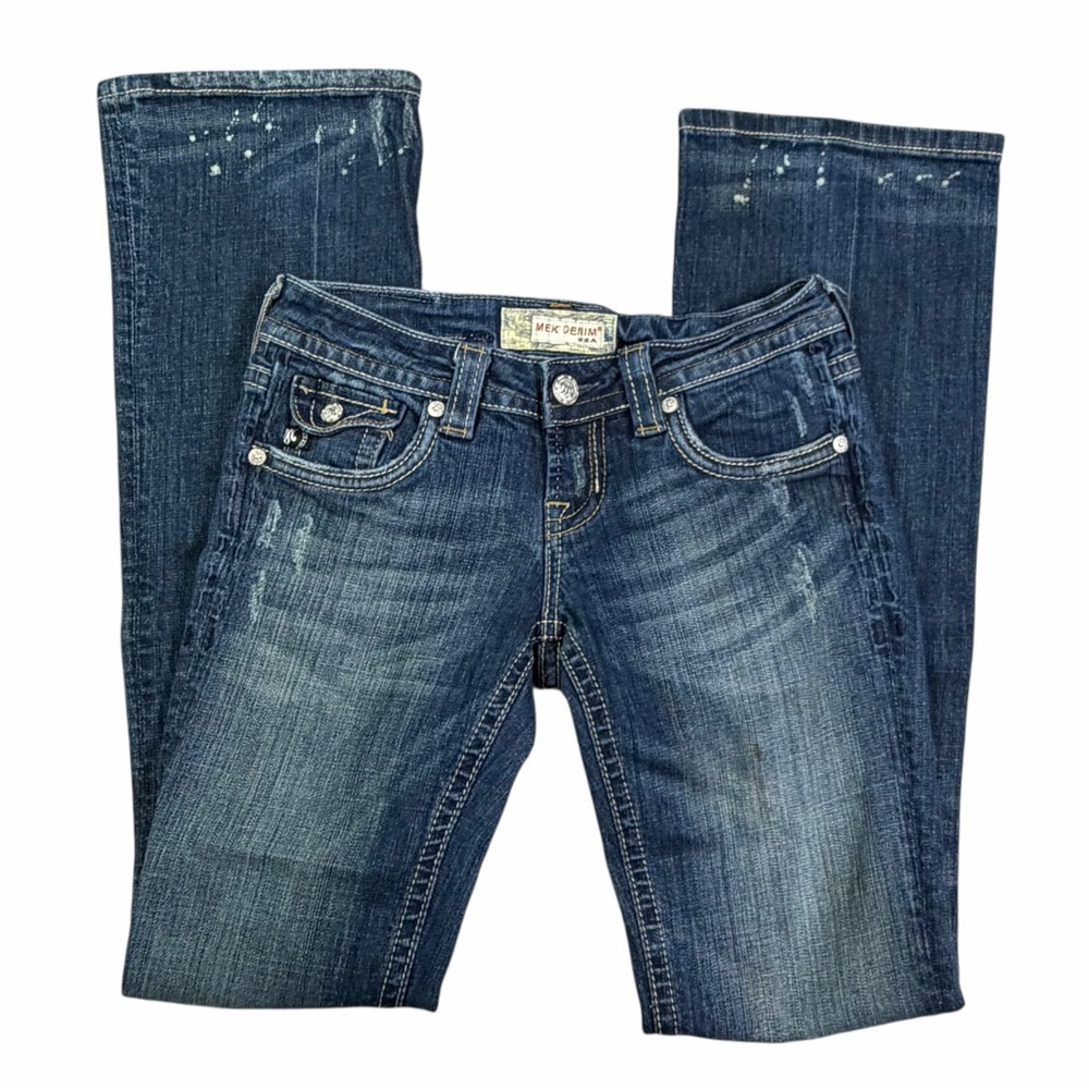 MEK Denim Dark Wash Low Rise Paint Splatter Quebec Boot Cut Jeans - Size 25/34 - Picture 3 of 15